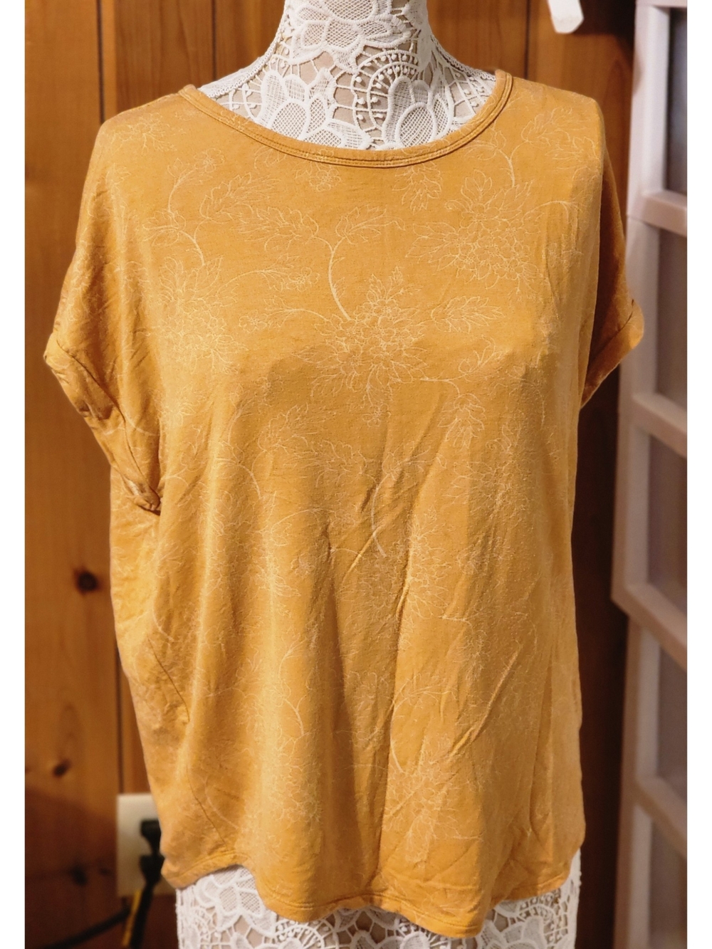 Mustard Yellow Floral Line Art Cuffed Dolman Tee